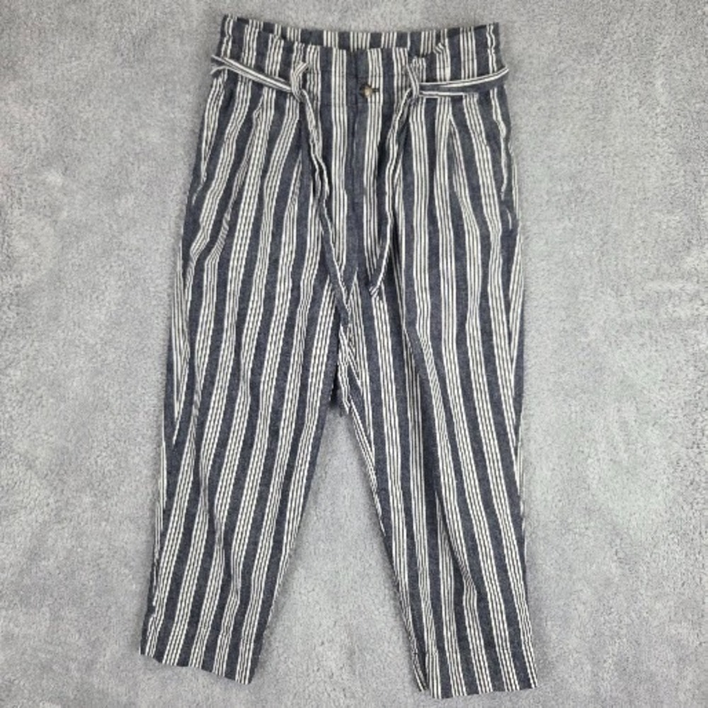 Madewell‎ Women's Linen-Blend Paperbag Waist Pants Size 6 Belted Blue Stripes